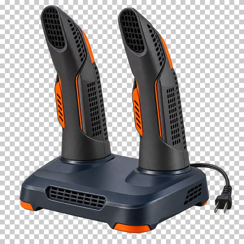 One compact powered base with exactly two upright vented shaped drying posts and one attached cord/complete plug. No boots or extra appliances.
