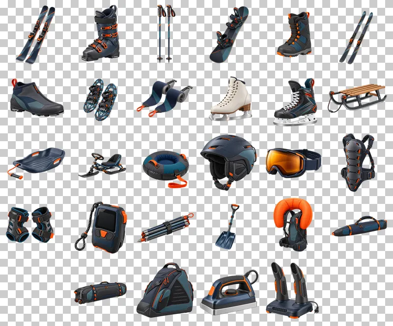 Winter Sports Equipment Photo PNG Collection: all 28 elements in one grid