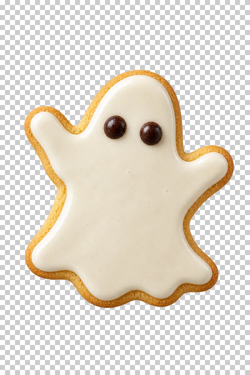 A ghost-shaped sugar cookie with ivory royal icing, chocolate eyes and a golden biscuit edge.