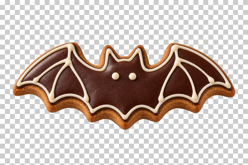 A broad bat-shaped gingerbread cookie with cocoa icing, ivory wing piping and baked thickness.
