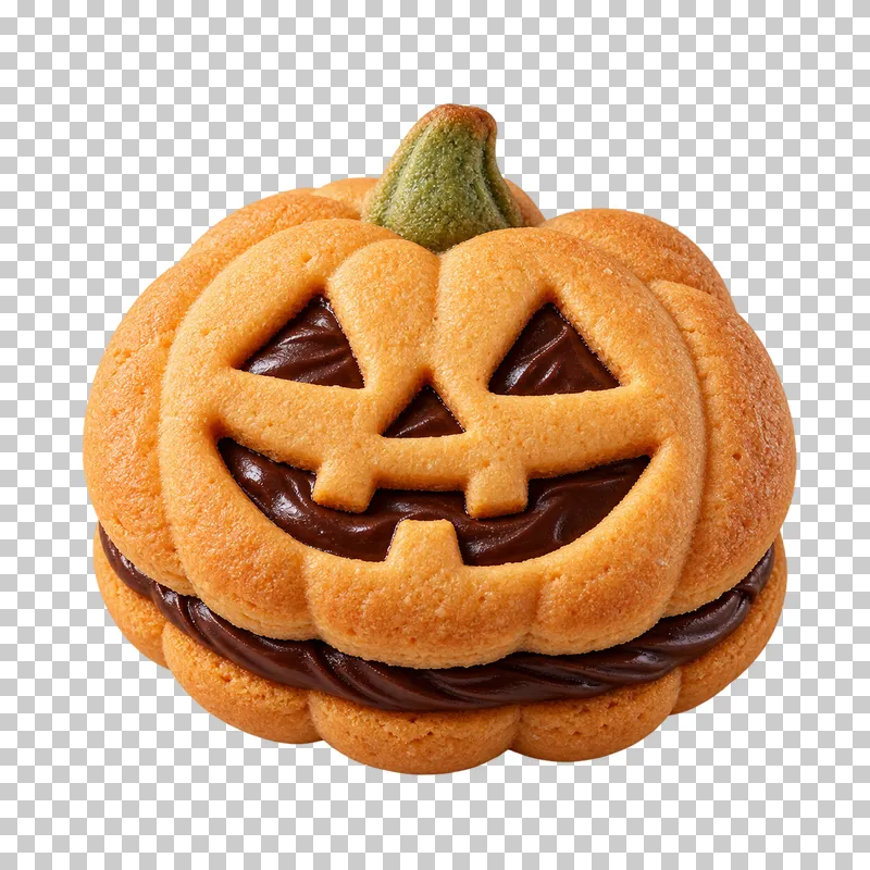 A pumpkin-shaped sandwich cookie with face cutouts revealing chocolate ganache between two biscuits.