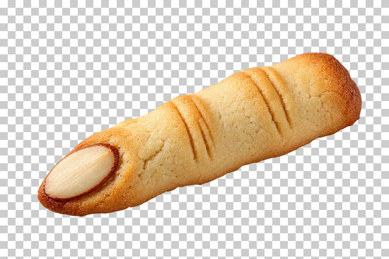 A golden finger-shaped shortbread biscuit with scored knuckles and a sliced-almond nail.