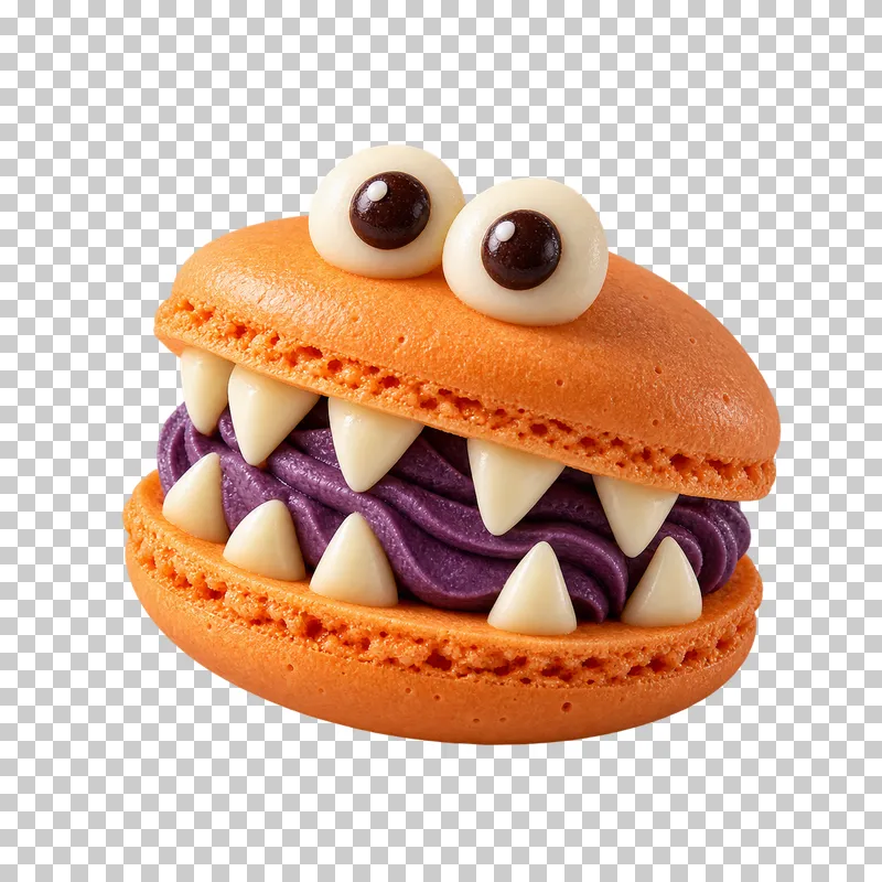 An open orange monster macaron with purple buttercream, white-chocolate teeth and two candy eyes.