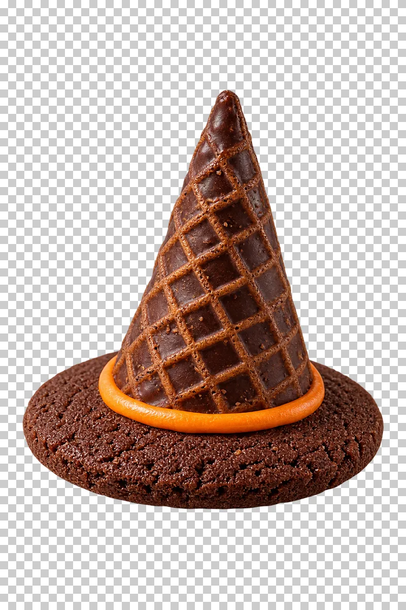A chocolate-dipped waffle cone on a round cocoa biscuit brim with a thin orange icing band.