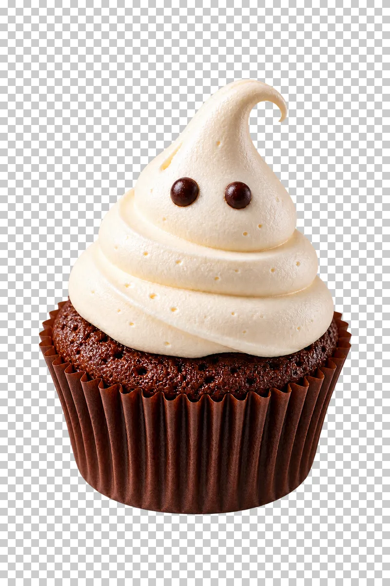 A chocolate cupcake in a dark pleated liner topped with an ivory meringue ghost and two chocolate eyes.