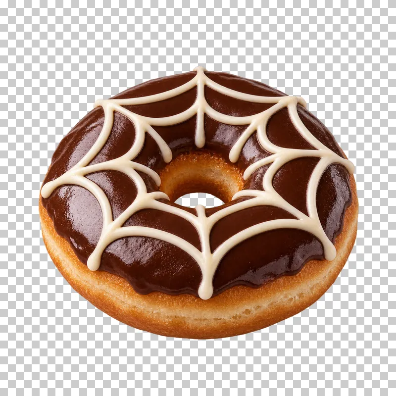 A golden ring doughnut with cocoa glaze and connected ivory spiderweb icing around an open center.