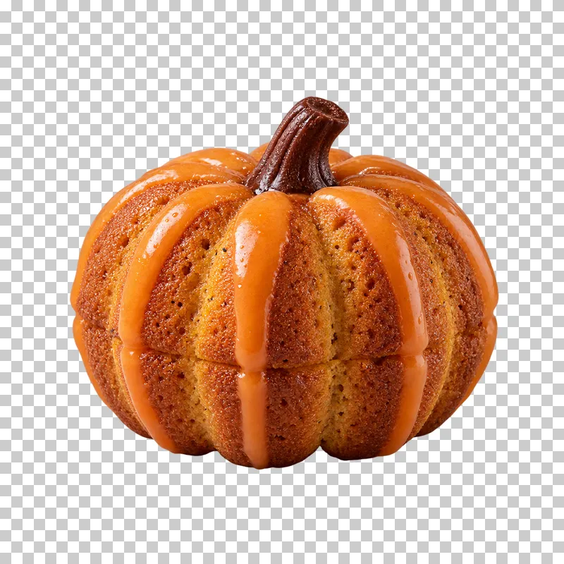 A small pumpkin-shaped spice cake made from joined ribbed halves with orange glaze and a chocolate stem.