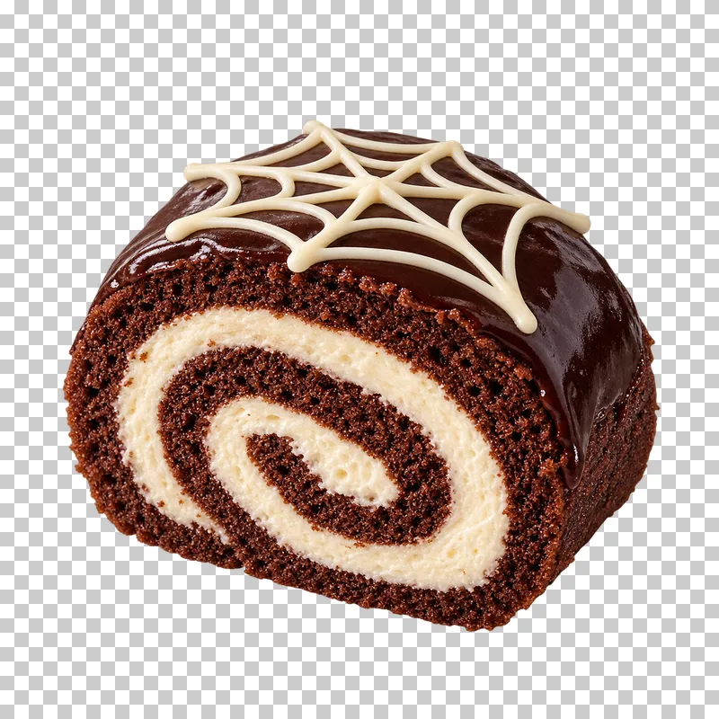 A chocolate Swiss-roll slice with an ivory cream spiral, cocoa glaze and a connected ivory icing web.