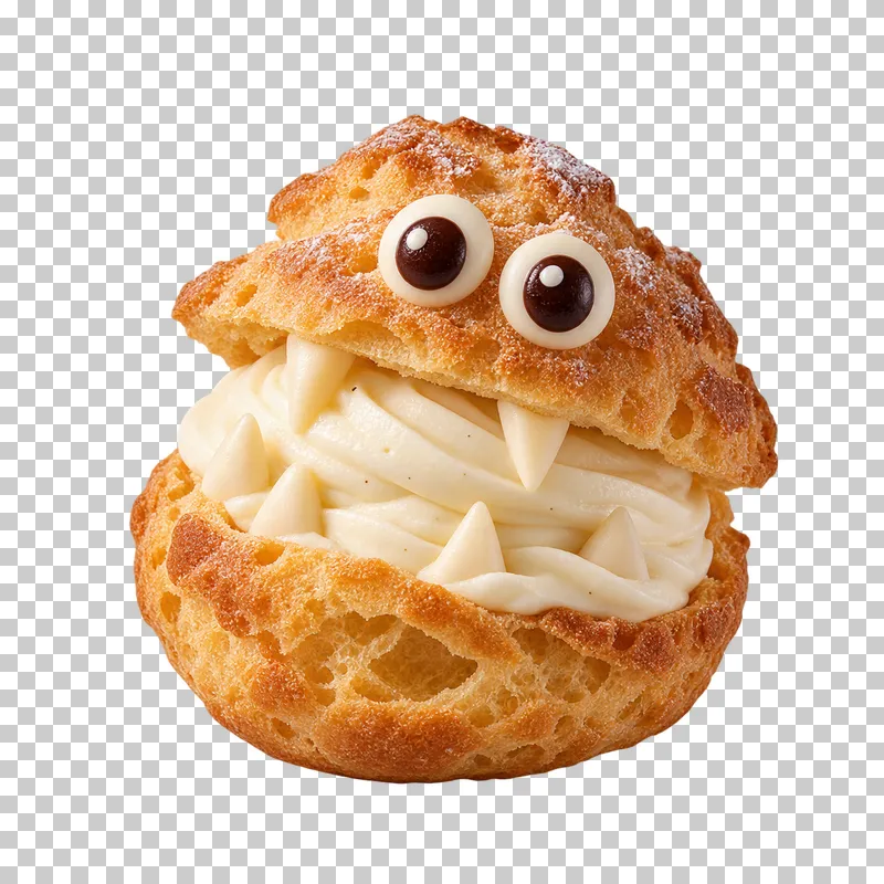 A split golden choux cream puff with a tilted shell, piped cream mouth, white-chocolate teeth and candy eyes.