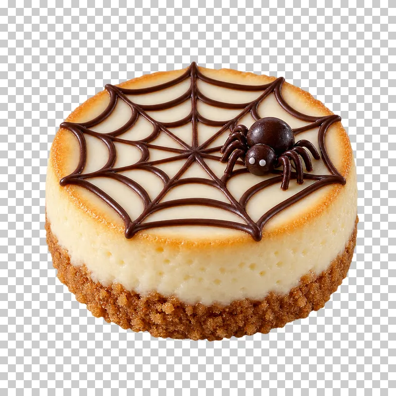 A small baked cheesecake with a biscuit-crumb base, chocolate spiderweb and edible chocolate spider.