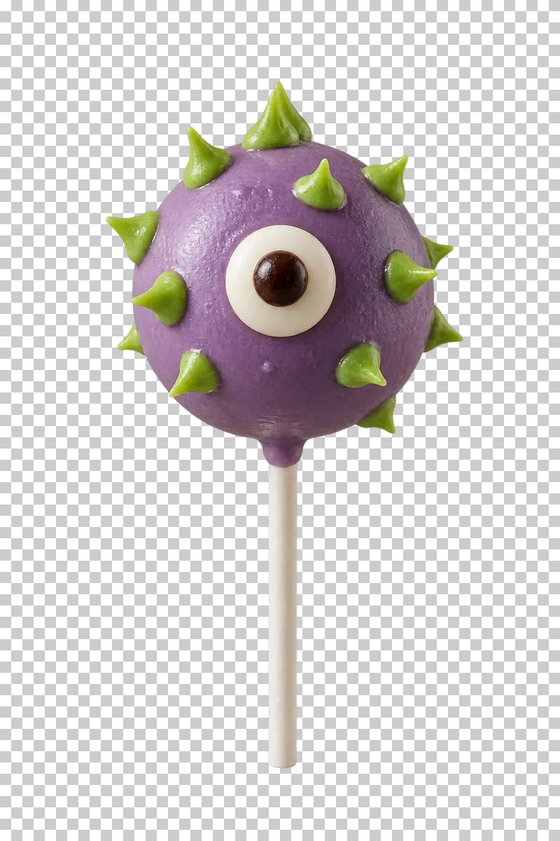 A violet one-eyed monster cake pop with green edible spikes and a complete plain paper stick.