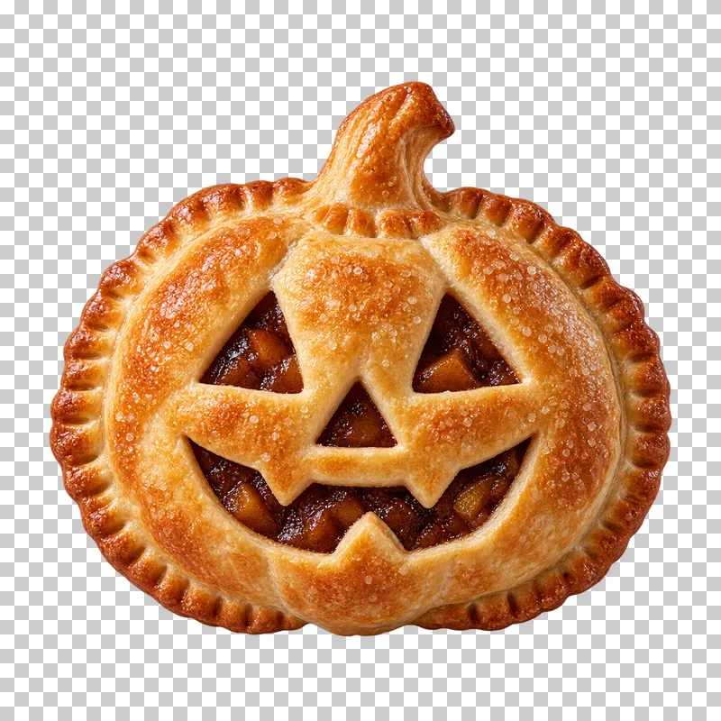 A pumpkin-shaped golden hand pie with crimped pastry edges and face vents exposing spiced fruit filling.