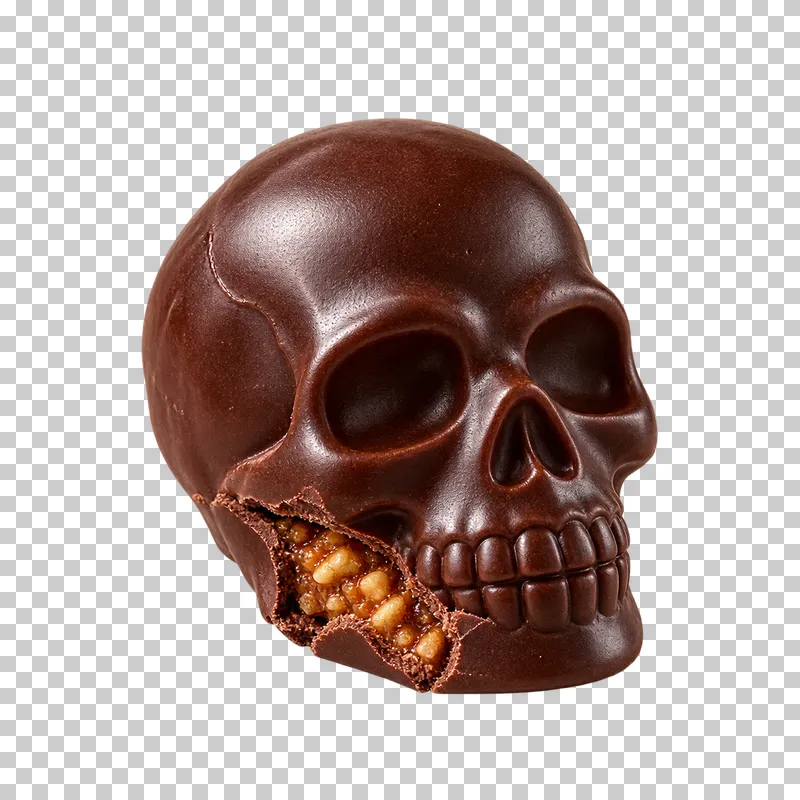 A molded chocolate skull bonbon with a broken lower shell revealing nut-praline filling.