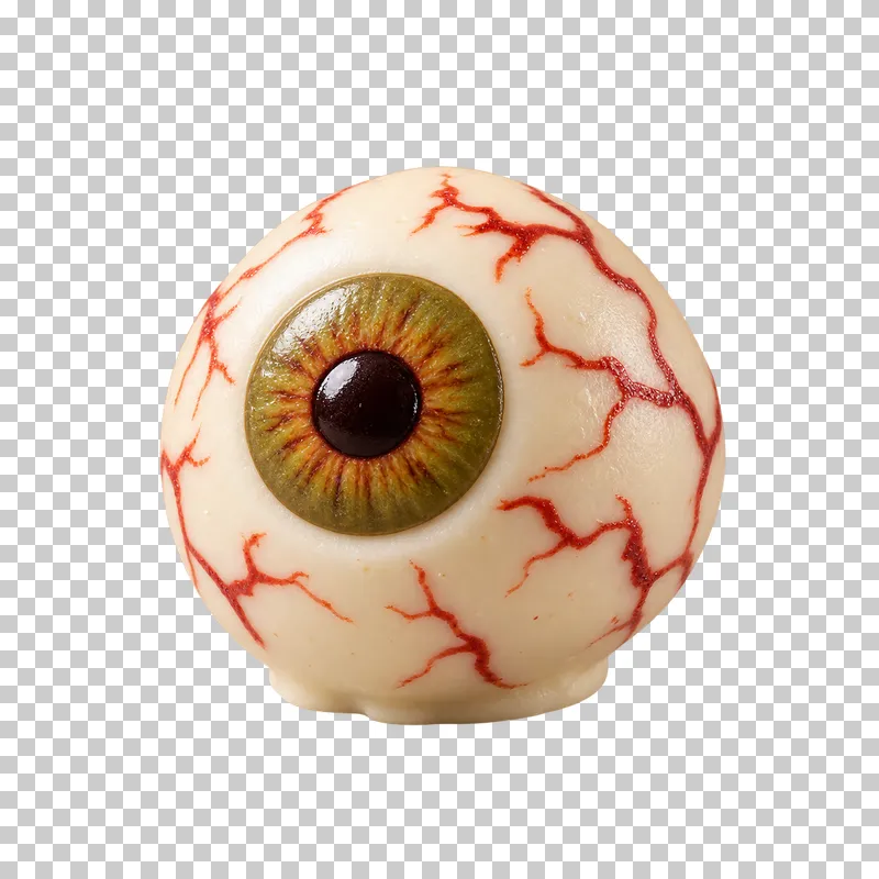 An ivory chocolate eyeball truffle with an inset green candy iris, red sugar veins and a small shell foot.