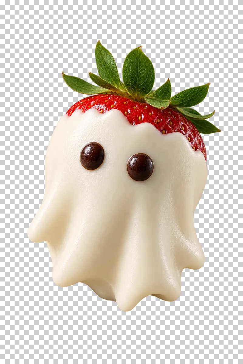 A strawberry with a green calyx, visible red fruit and a ghost-shaped white-chocolate coating.
