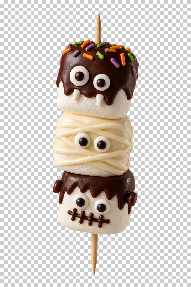 Three monster marshmallows partly coated in dark and ivory chocolate on one complete wooden skewer.