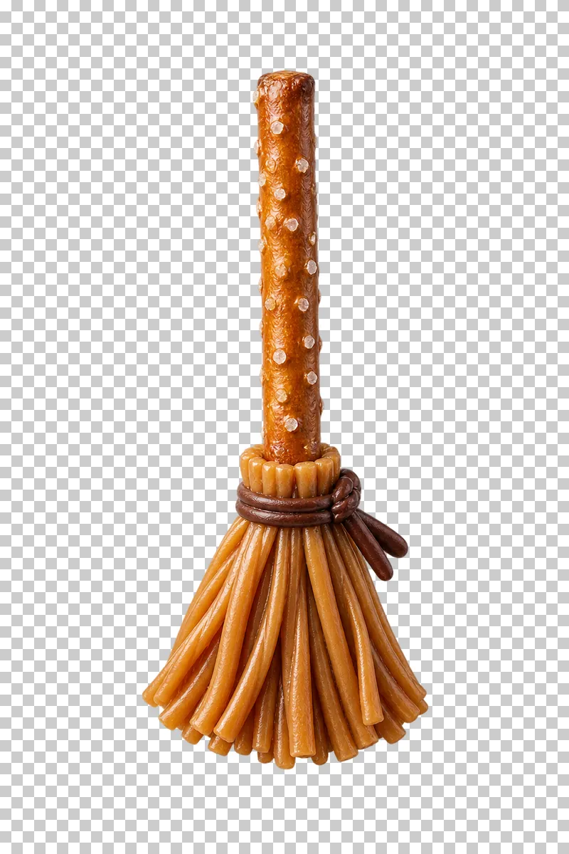 A salted pretzel rod joined to a bundled caramel-colored candy fringe with a narrow edible tie.