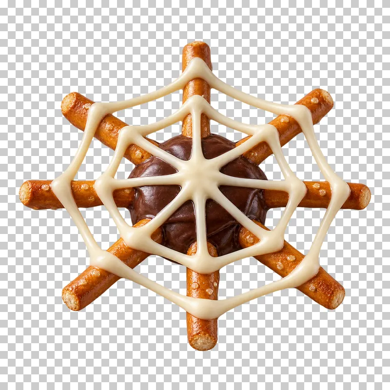 A connected radial pretzel snack with a chocolate center, ivory chocolate web rings and transparent openings.