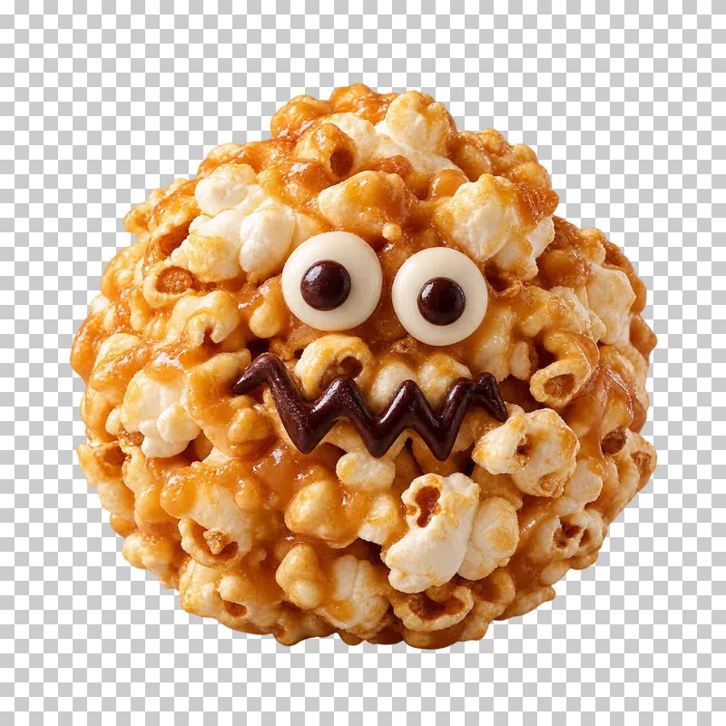 An irregular caramel popcorn ball with visible popped kernels, two candy eyes and a jagged chocolate mouth.