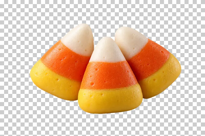 Three overlapping candy-corn wedges with ivory, orange and yellow layers and rounded sugar surfaces.