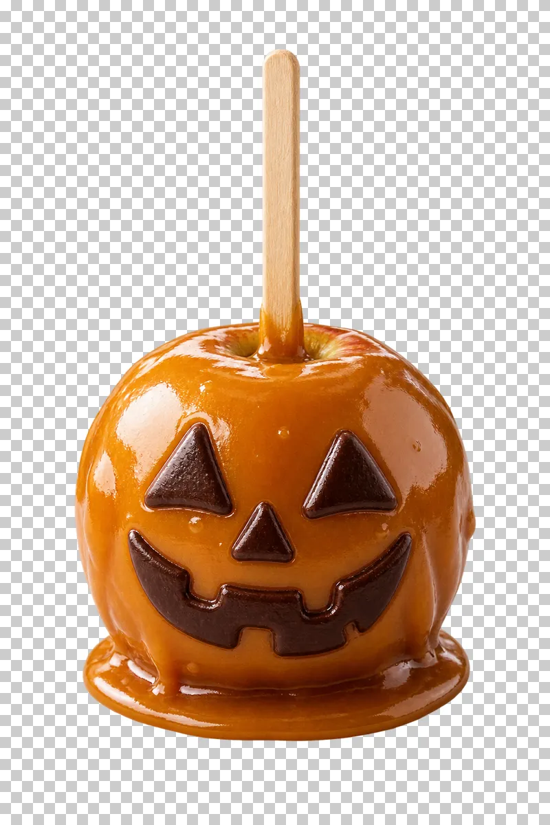 An amber caramel apple with a dark-chocolate jack-o-lantern face and a complete wooden stick.