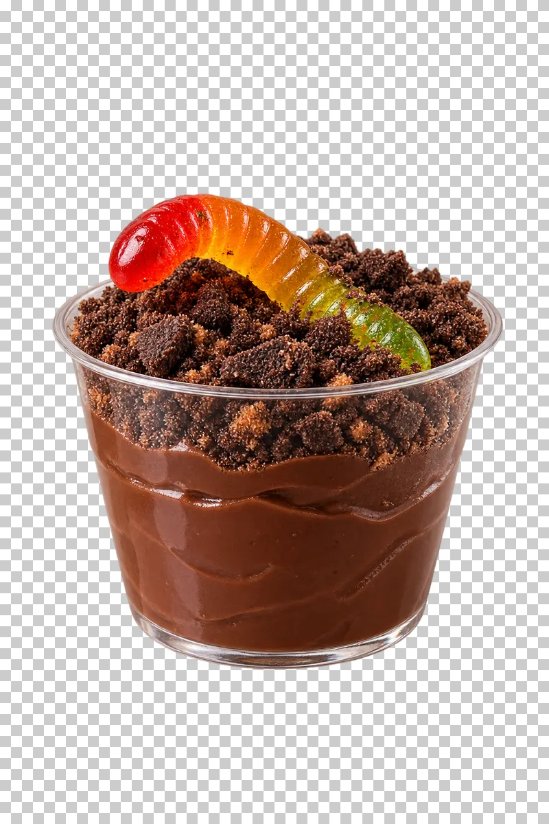 A clear chocolate pudding cup with coarse biscuit crumbs and one curved gummy worm partly embedded on top.