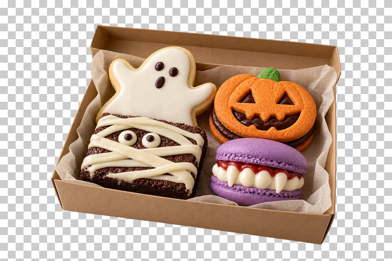 An open kraft bakery box containing a ghost cookie, pumpkin sandwich cookie, mummy brownie and toothy macaron.