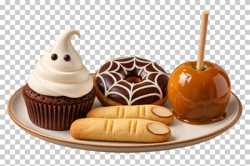 A plain oval platter holding a ghost cupcake, web doughnut, two almond-nail finger biscuits and a caramel apple.