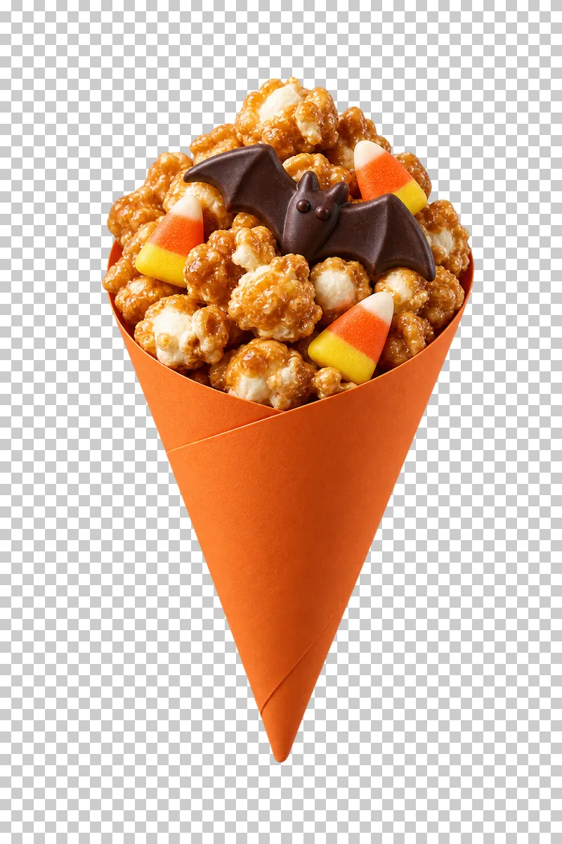 An orange paper favor cone filled with caramel popcorn, candy corn and one edible dark-chocolate bat.