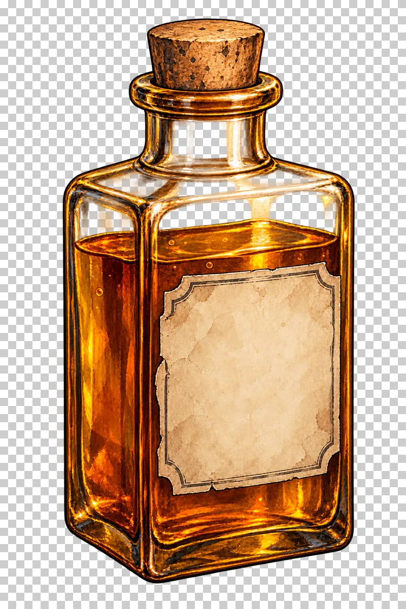 A square amber glass bottle with a cork, visible liquid level and blank parchment label.