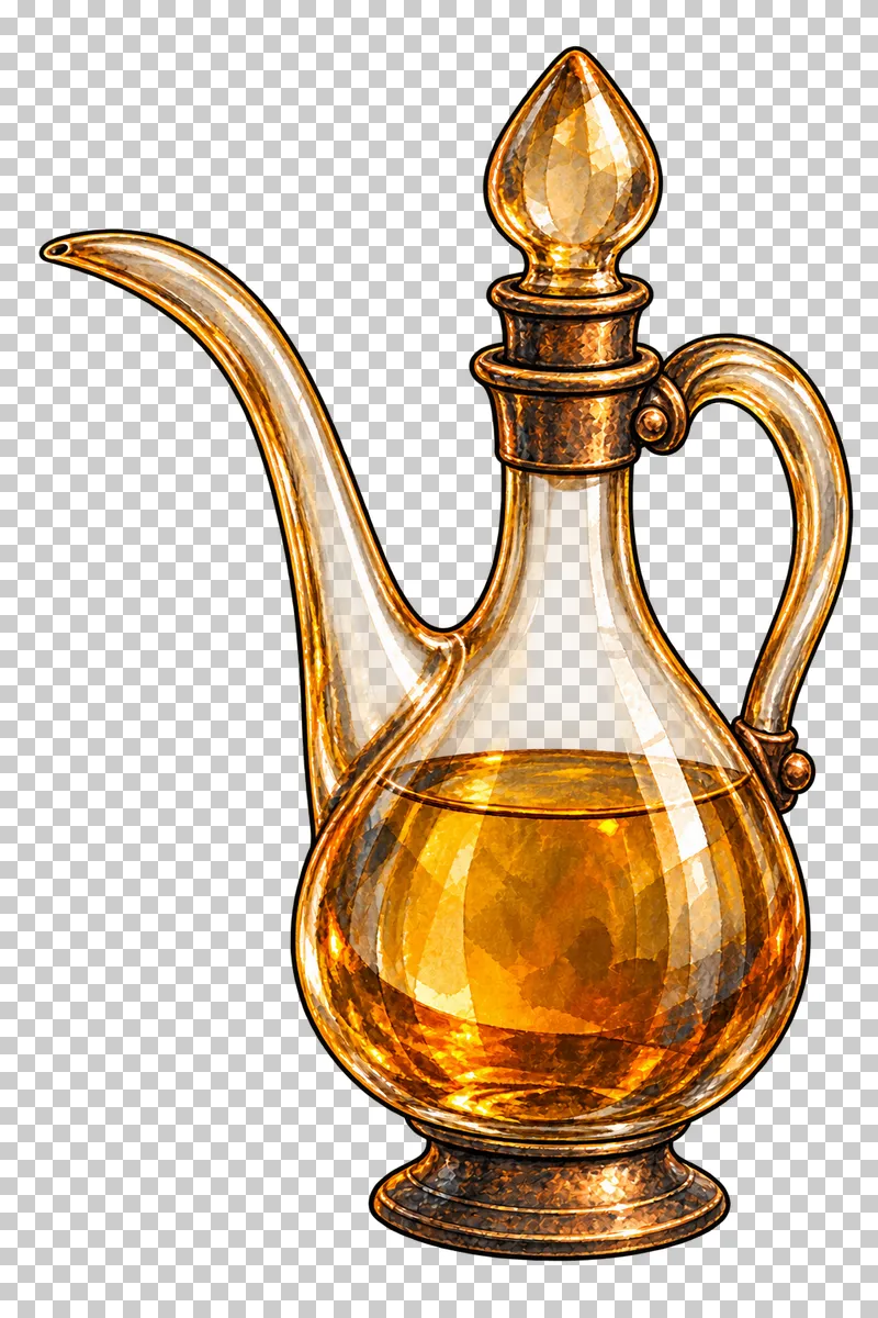 A pear-shaped glass pouring cruet with a long curved spout, handle and removable stopper.