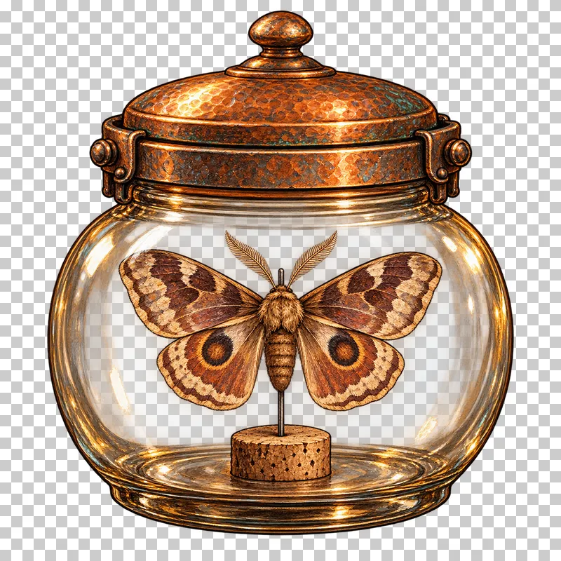 One moth displayed on a pin and cork plinth inside a sealed copper-lidded glass specimen jar.