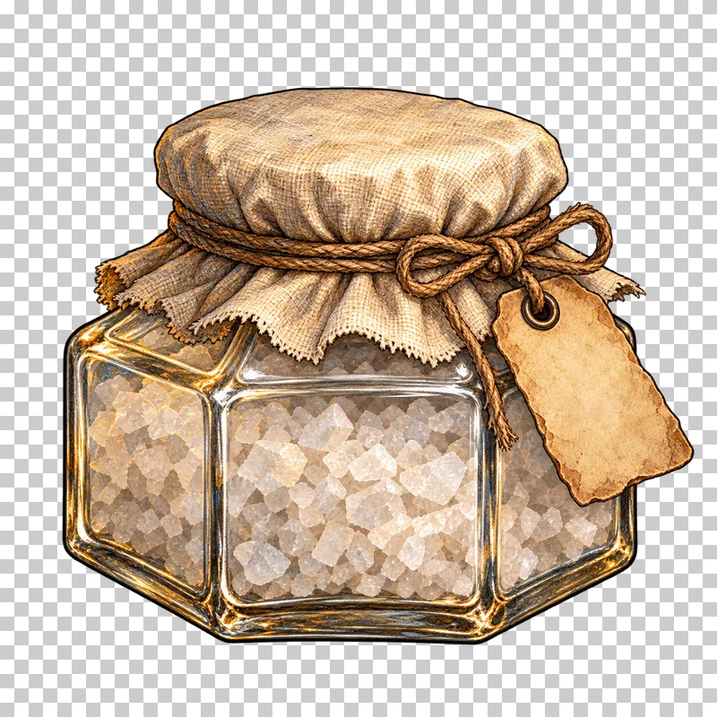 A low faceted jar of coarse pale mineral salts with a tied linen cap and blank hanging tag.