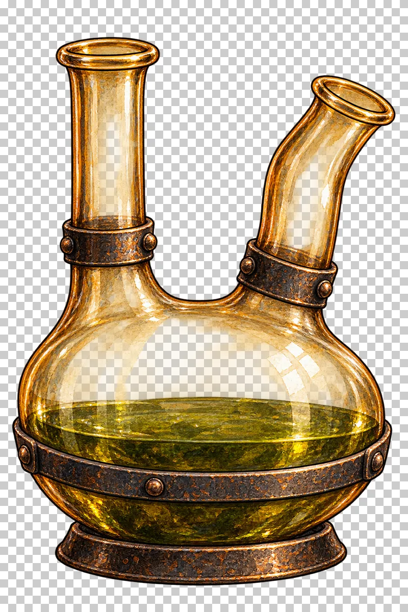 A broad glass mixing vessel with one straight neck, one bent neck and a low moss-colored liquid level.