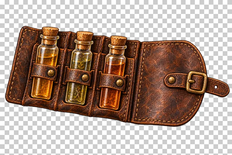 An unfolded stitched leather wallet securing three narrow corked sample phials in separate straps.