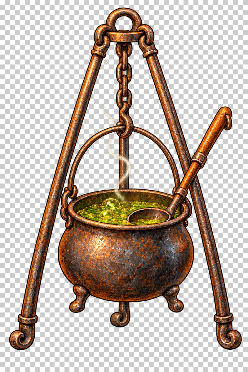 An iron cauldron suspended by chain from a complete tripod, with a resting ladle and fine attached steam.