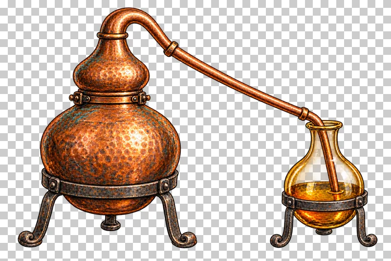 A copper alembic on iron supports with a continuous descending tube entering an amber glass receiver.