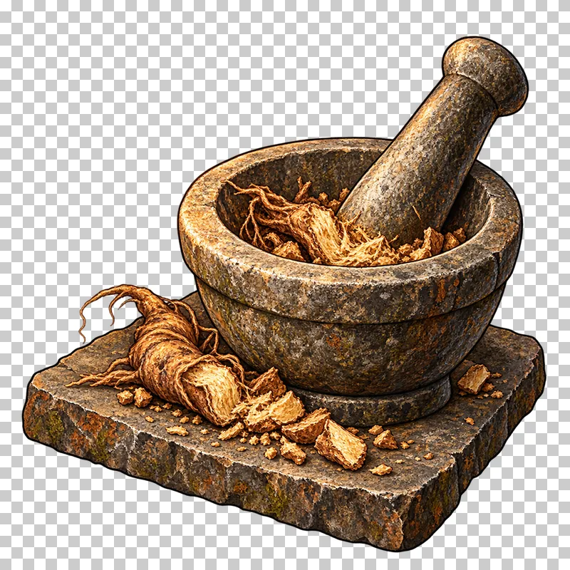 A stone mortar and pestle on a grinding slab with a partly crushed fibrous root and coarse fragments.