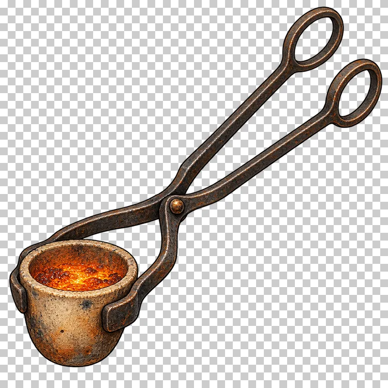 Long iron tongs gripping a ceramic crucible containing a small warm orange residue.