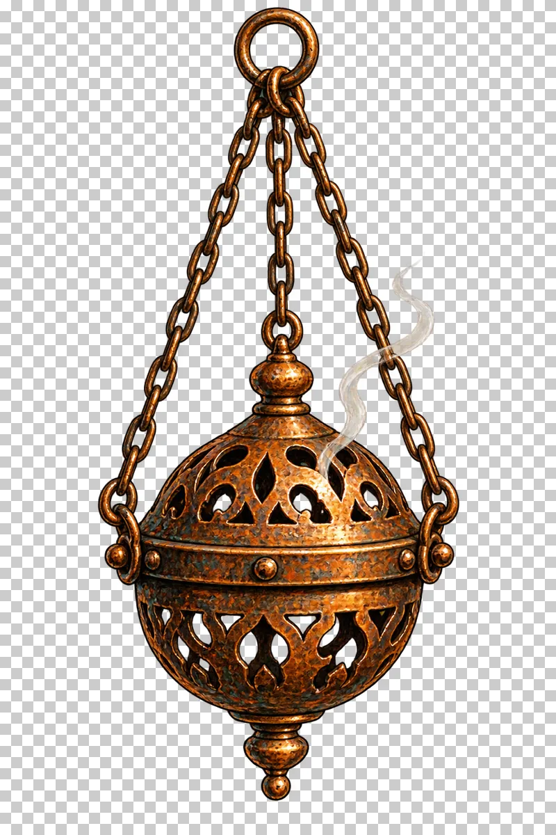 A pierced bronze censer suspended from three linked chains with one fine attached smoke curl.
