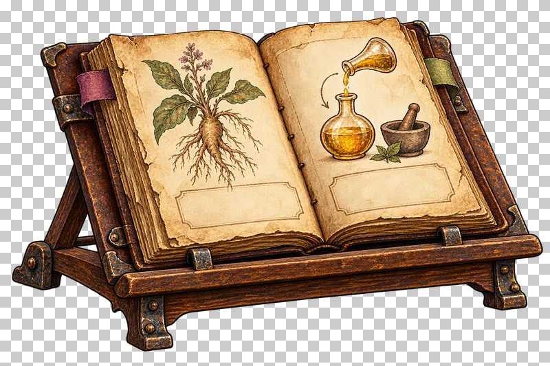 An open aged grimoire on a wooden bookrest with botanical and mixing diagrams and blank writing spaces.