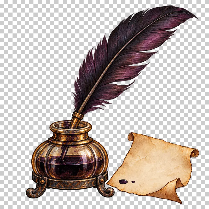 A dark feather quill in a squat inkpot beside a curled blank note with two small ink drops.