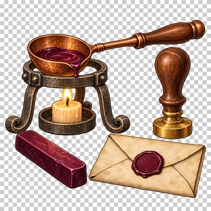A wax spoon on a stand above a wick beside a wax stick, plain seal stamp and sealed folded note.