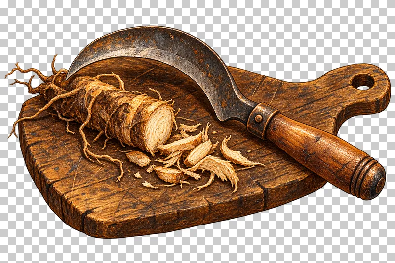 A curved iron sickle and cut fibrous root with shavings on a scarred wooden cutting board.