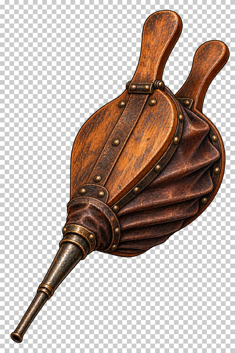 A wooden and pleated leather hand bellows with two grips and a long tapered metal nozzle.