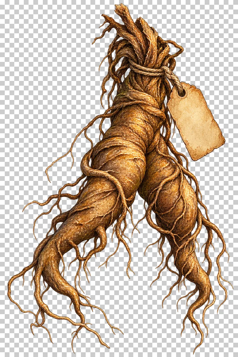 A twisting bifurcated mandrake root with fine rootlets and a tied blank specimen tag.