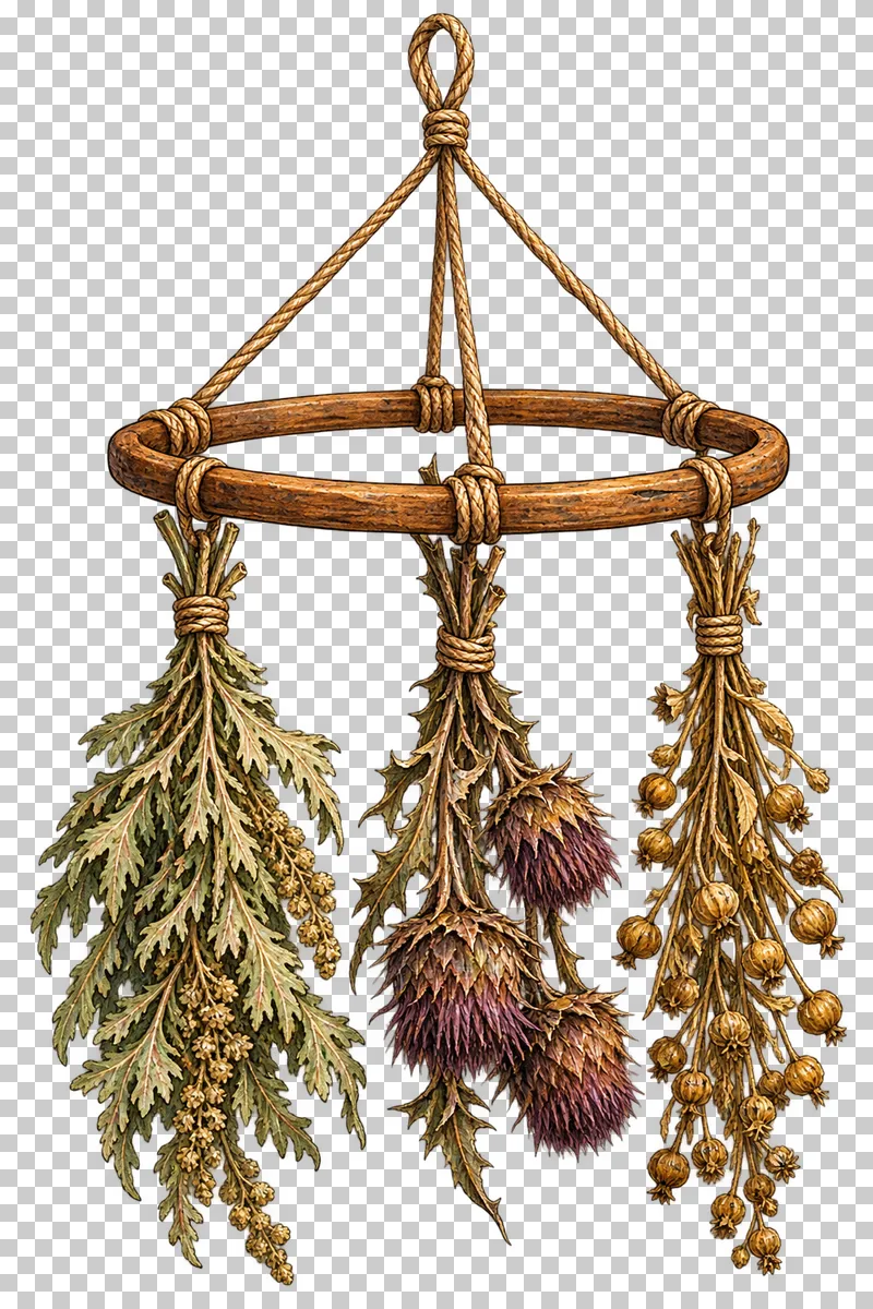 A suspended wooden drying hoop holding three tied bundles of foliage, thistles and seed stems.