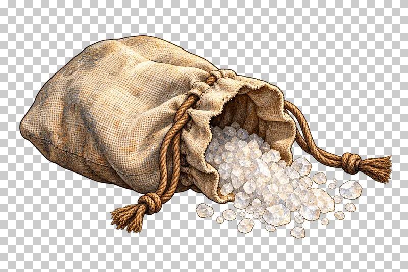 A tipped linen drawstring pouch with a modest spill of irregular pale moon-salt crystals.