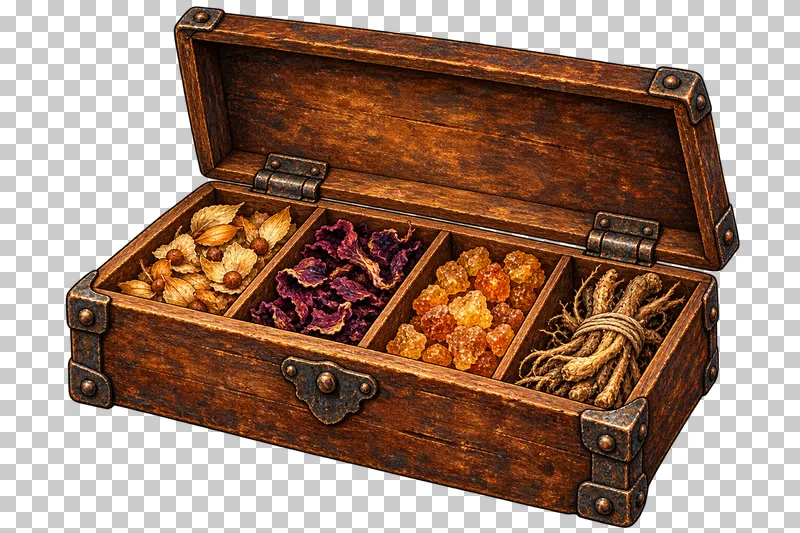 An open divided wooden ingredient chest containing papery seeds, dried petals, resin and tied roots.