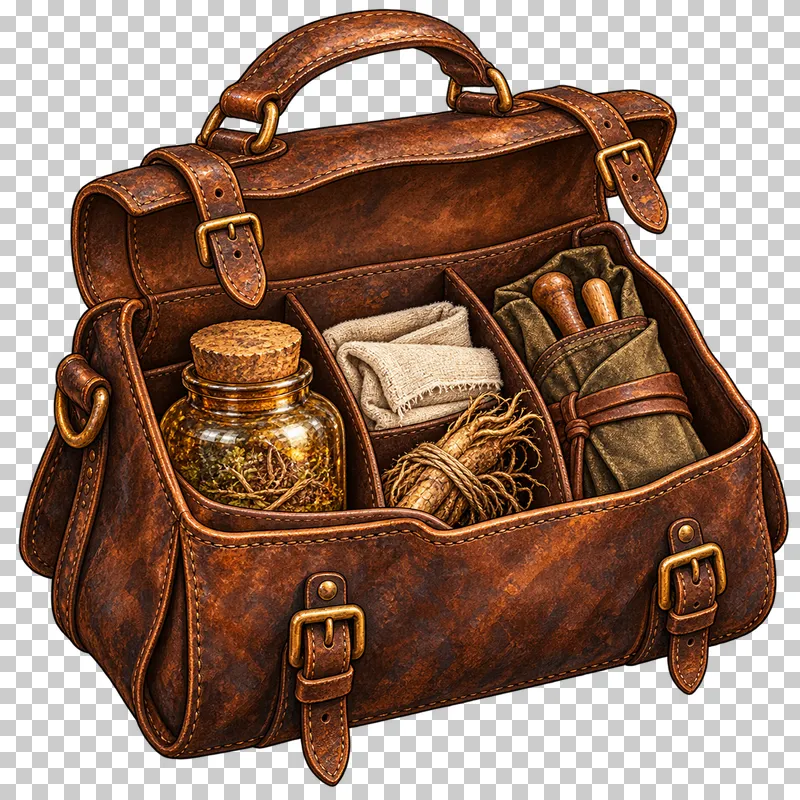 A deep open leather satchel with dividers holding a jar, folded cloth, bound root and wrapped tools.